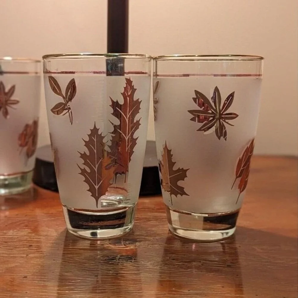 Vintage‎ MCM Gold Leaf Libbey Frosted Tumblers Set of 4 Cocktail Glasses